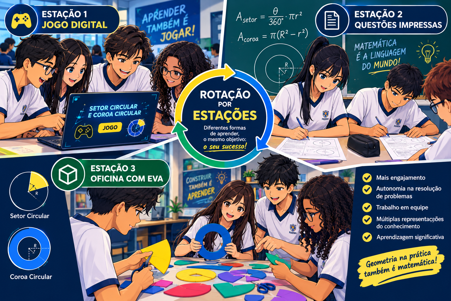 Infográfico Rotação por Estações: Jogo Digital, Questões Impressas e Oficina com EVA